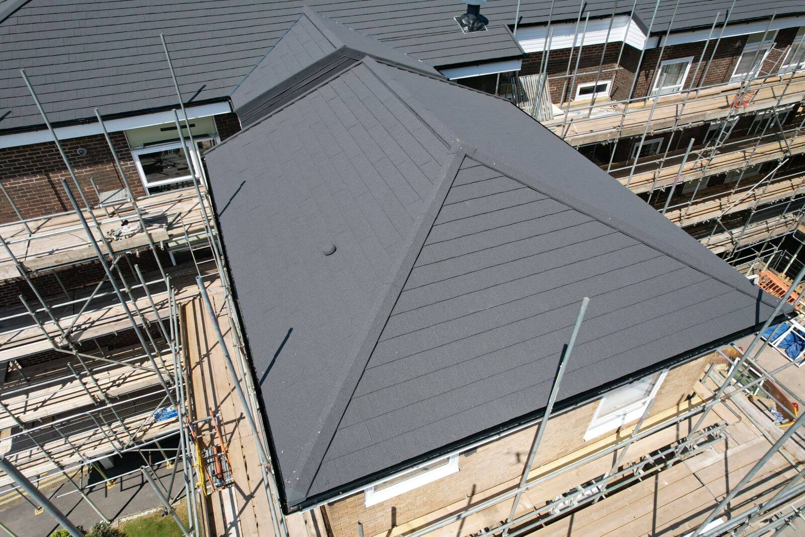 construction of roof with scaffolding
