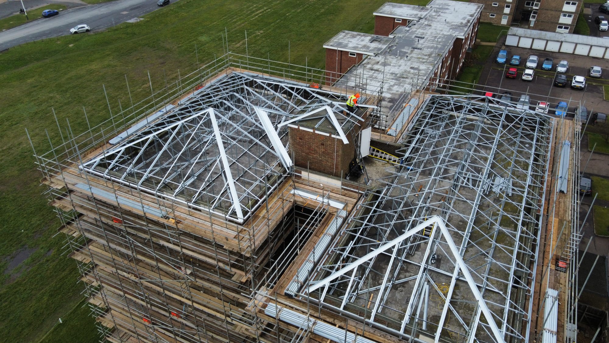 Cobham Towers aerial view of roof under construction