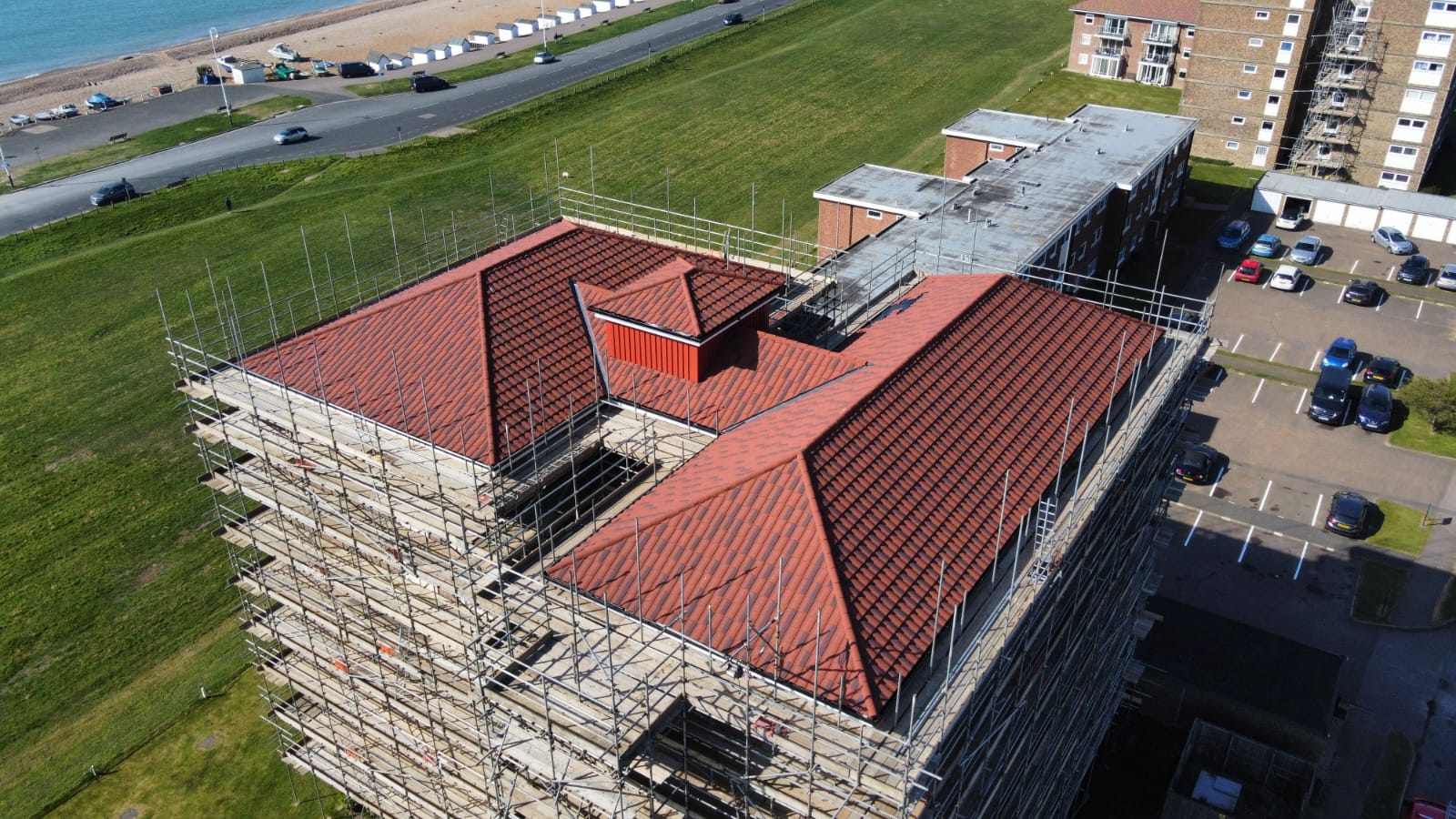 Aerial view of Cobham Towers roof construction completion
